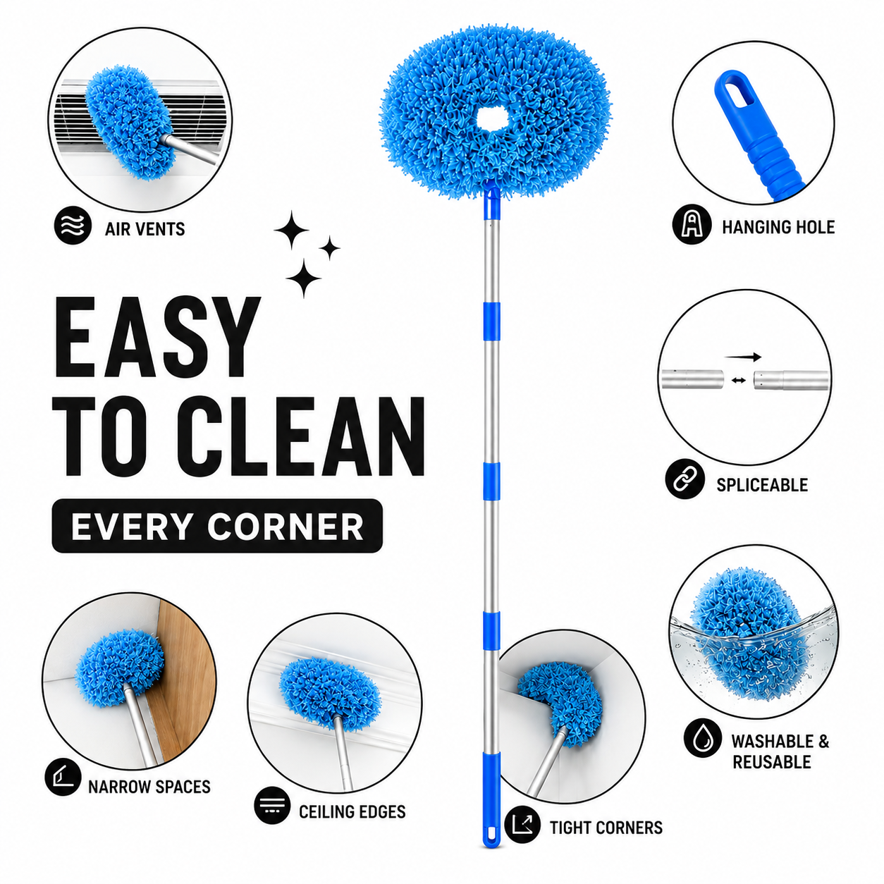 Extendable Fan Mop Cleaning Kit™ | Telescopic Extendable Rod | Microfiber Feather Duster (Blue)